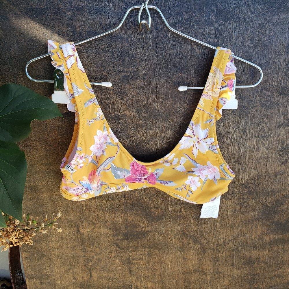 Rhythm. Mustard Yellow Floral Ruffle Bikini Top